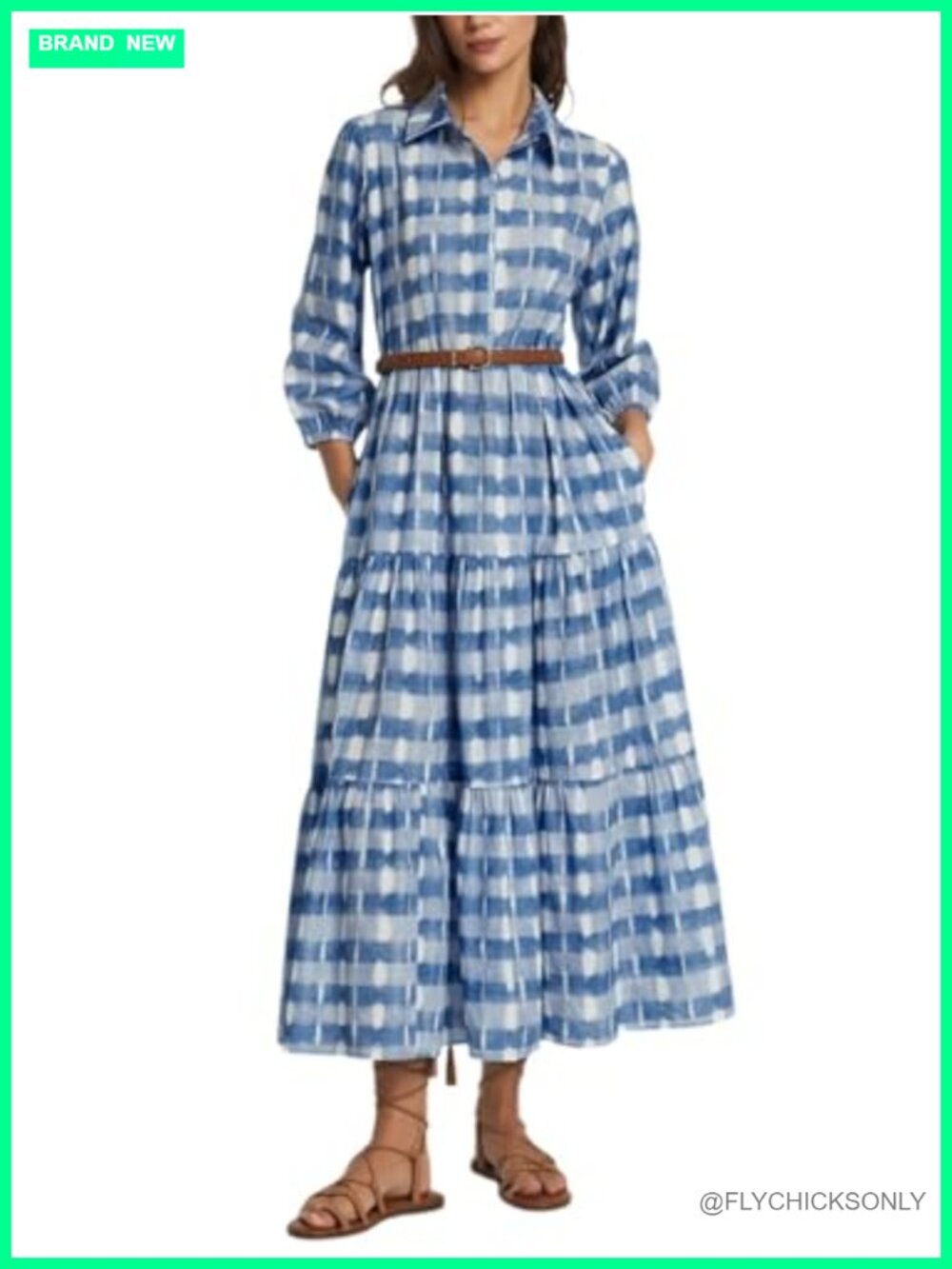 100% Cotton Plaid Maxi Dress Button Down V-Neck Tiered 3/4 Sleeve Casual